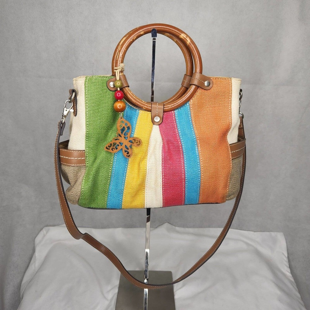 Vintage Relic Purse Handbag Crossbody Bag Striped Wooden Handle w/ Strap